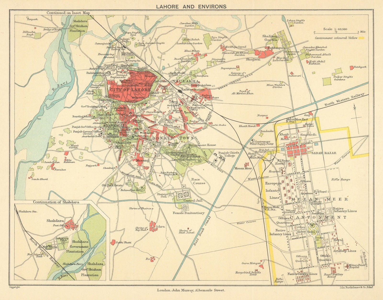 PAKISTAN. Lahore city plan showing the Old Meean Meer Cantonment 1905 map